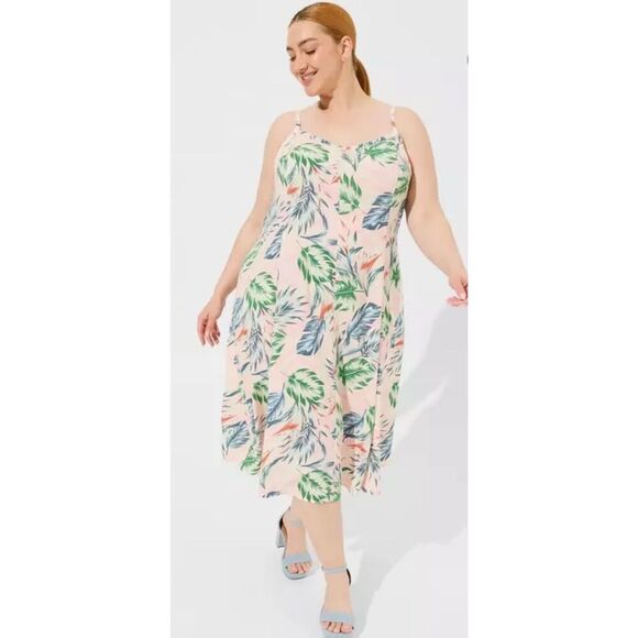 Torrid 4XL Midi Challis Sleeveless Trapeze Dress soft pink palm leaves vacation - Picture 1 of 7